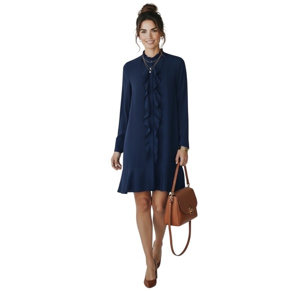 Tory Burch Dresses & Skirts - Tory Burch Jane Navy Ruffle Front Long Sleeve Shift Dress Size 14 NWT